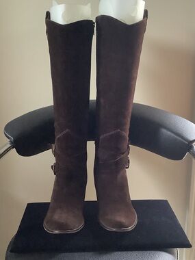 Vaneli Dark Brown Knee High Suede Boots with Double Strap Buckle Detail